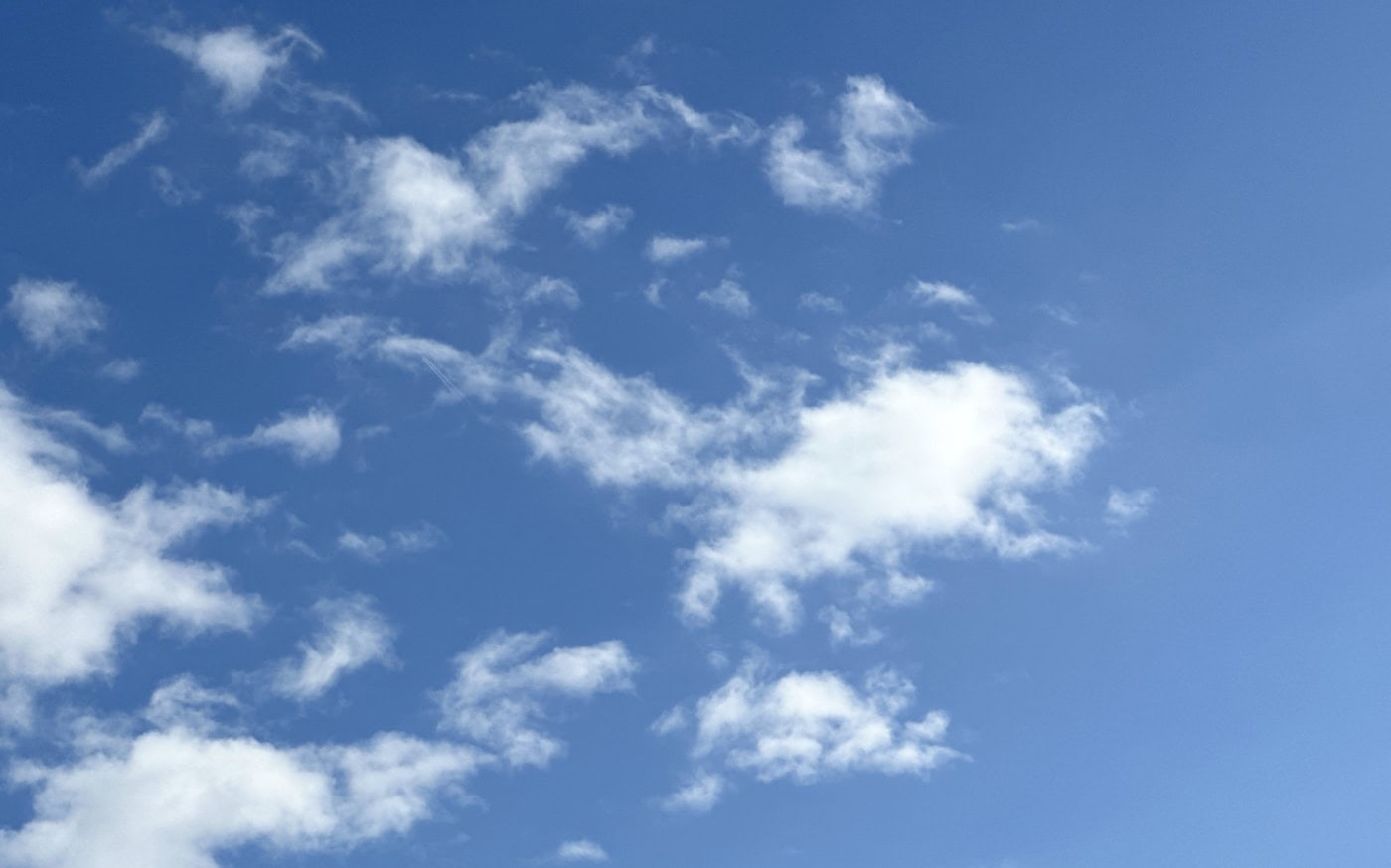 a blue sky with a number of small, thin, white clouds